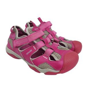 Teva Jansen Fisherman Sandals Girls 5 Toe Cap Pink Gray Leather Hiking Play